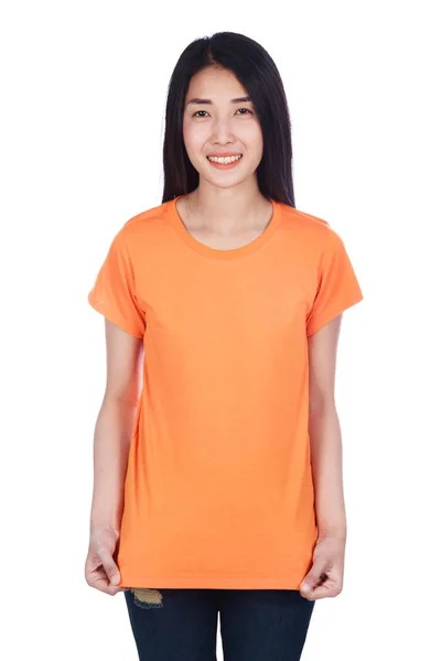 흰색 배경에 고립 된 t-셔츠에 있는 여자 — 스톡 사진