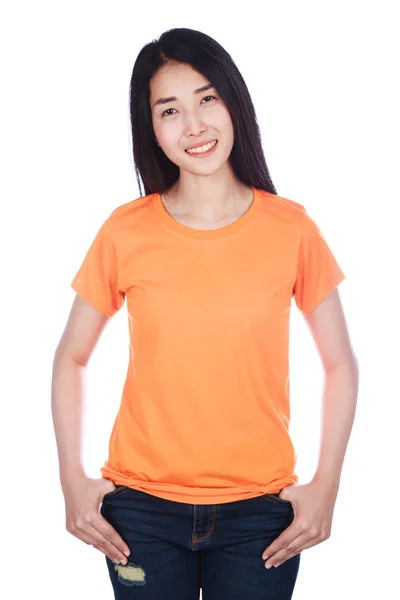 Woman in t-shirt isolated on white background — Stock Photo, Image