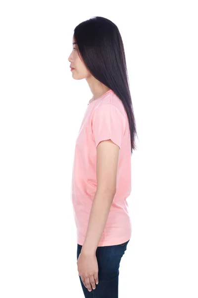T-shirt beyaz arka plan üzerinde izole kadın — Stok fotoğraf