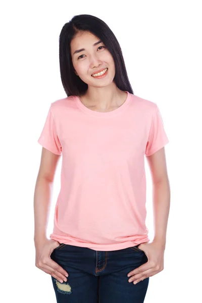 Donna in t-shirt isolata su sfondo bianco — Foto Stock
