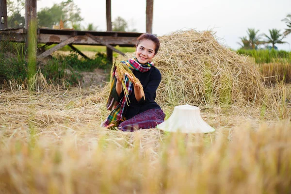 Agricultor mulher segurando um arroz com a palha no campo — Fotografia de Stock