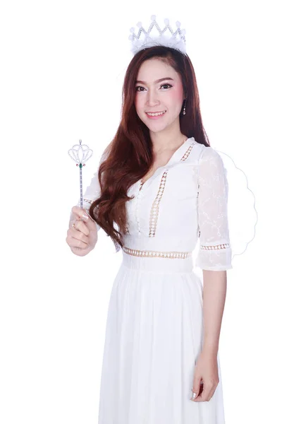 Ritratto di bella giovane donna angelo isolato su sfondo biancogr — Foto Stock