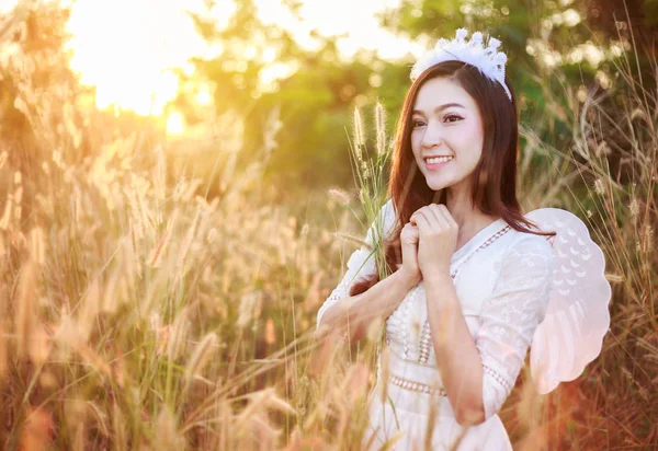 Malaikat wanita di lapangan rumput dengan sinar matahari — Stok Foto