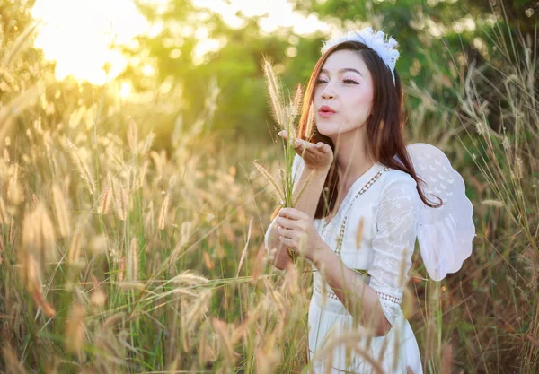Mulher anjo em um campo de grama com luz solar — Fotografia de Stock