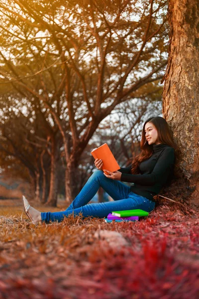 Junge Frau liest im Park ein Buch — Stockfoto