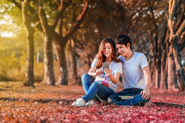 Couple using mobile phone in park — Stock Photo, Image