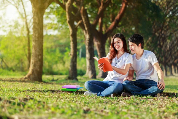 Uomo e donna seduti a leggere un libro nel parco Immagini Stock Royalty Free