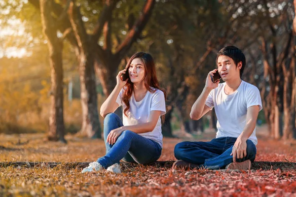 年轻夫妇在公园里谈论手机 — 图库照片