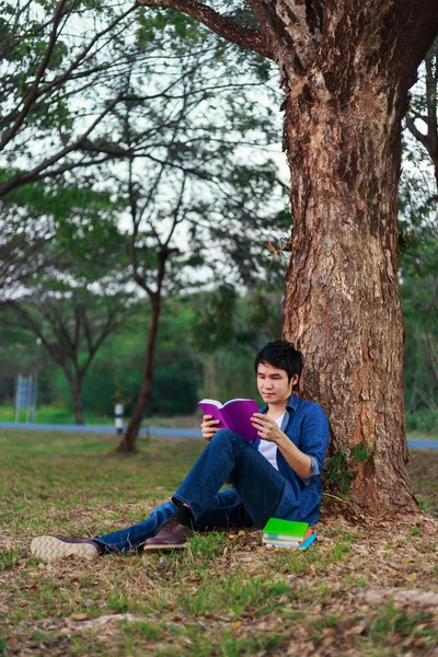 Giovane seduto a leggere un libro nel parco — Foto Stock