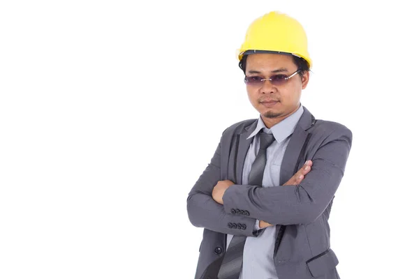 Engineer in helmet with arms crossed, isolated on white — Stock Photo, Image