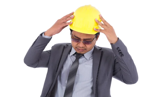 Engineer in suit with headache and problems isolated on white ba — Stock Photo, Image