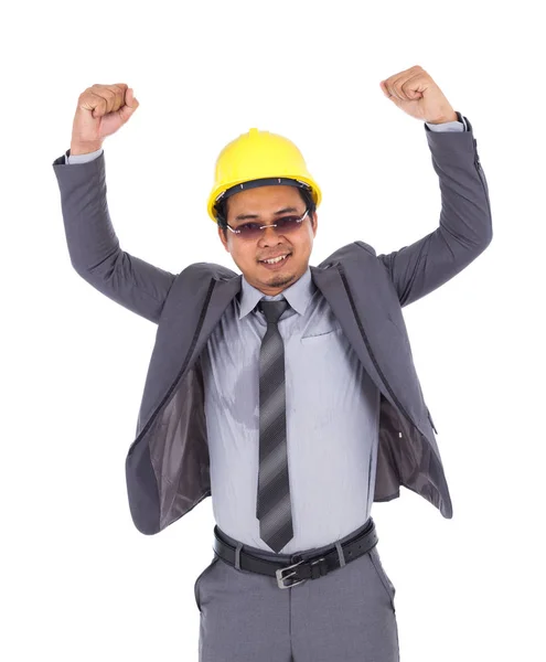 Junger Ingenieur feiert mit erhobenen Armen, Erfolgskonzept — Stockfoto