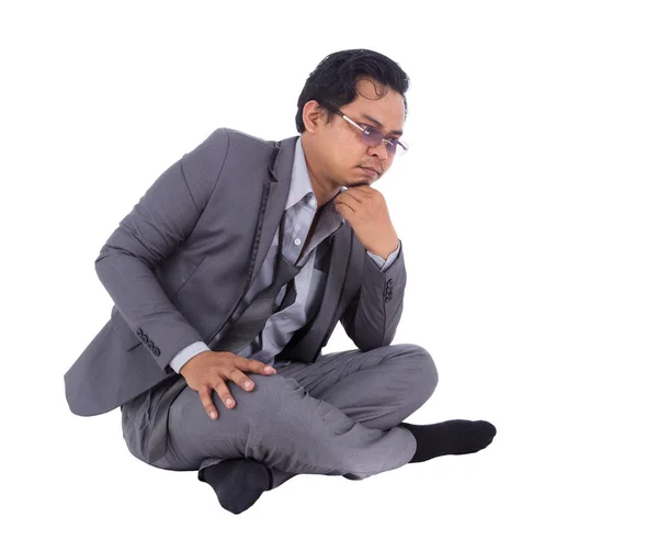 Homem de negócios estressado e pensamento isolado no branco — Fotografia de Stock
