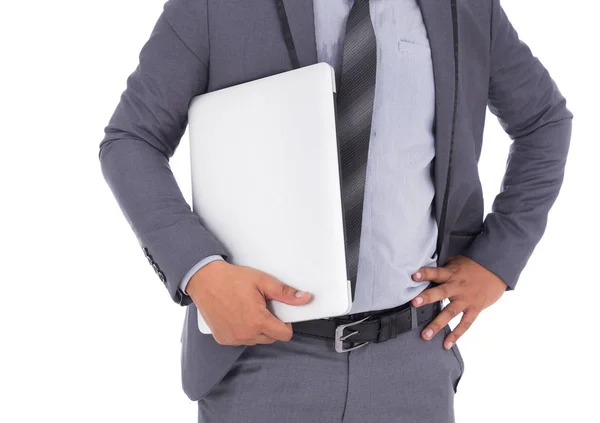Homem de negócios em terno com laptop isolado no fundo branco — Fotografia de Stock