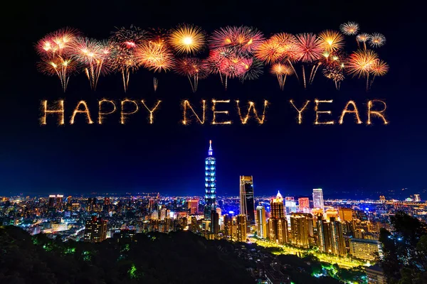 Happy new year fireworks over Taipei cityscape at night, Taiwan — стоковое фото