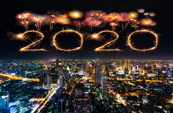 2020 happy new year fireworks over Bangkok cityscape at night, T