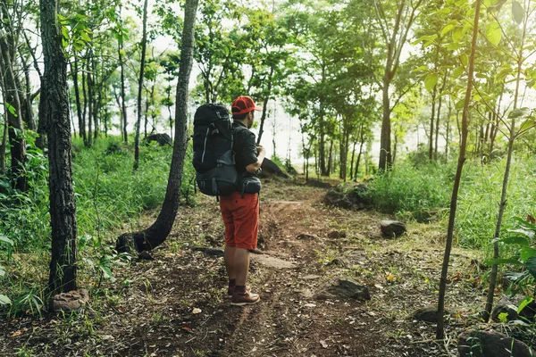 森の中のリュックと地図を持った旅行者 — ストック写真
