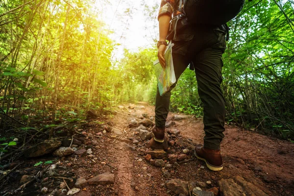 Gros plan randonneur avec des bottes de trekking marchant dans la forêt — Photo