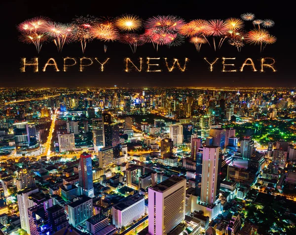 Ευτυχισμένο το νέο έτος πυροτεχνήματα πάνω από Μπανγκόκ cityscape τη νύχτα, Thaila — Φωτογραφία Αρχείου