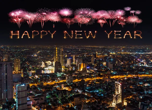 Boldog új évet tűzijáték felett Bangkok városkép éjjel, Thaila — Stock Fotó