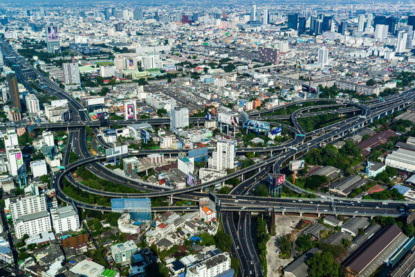 BANGKOK, THAILAND - 5 Dec 2019 : Aerial view of expressway junction road, view from Baiyoke Tower II in Bangkok, Thailand
