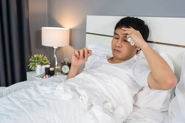 Sick Man Headache Using Thermometer Checking His Temperature Bed — Stock Photo, Image