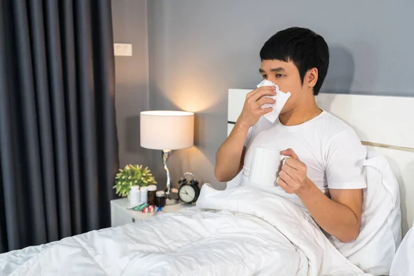 Sick Man Drinking Cup Hot Water Bed — Stock Photo, Image