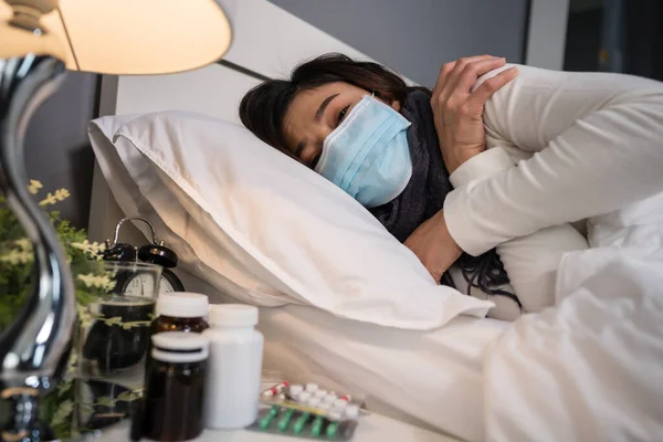 Sick Woman Medical Mask Feeling Cold Suffering Virus Disease Fever — Stock Photo, Image