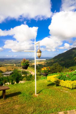 Bir lamba ile bir kutup üzerinde asılı çiçek pot, yeşil bir dağ, bir w