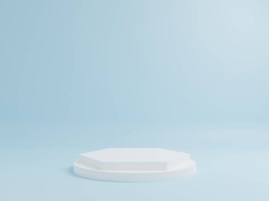 Mavi arkaplanlı beyaz geometrik podyum, 3d oluşturma