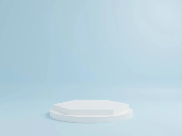 Mavi arkaplanlı beyaz geometrik podyum, 3d oluşturma
