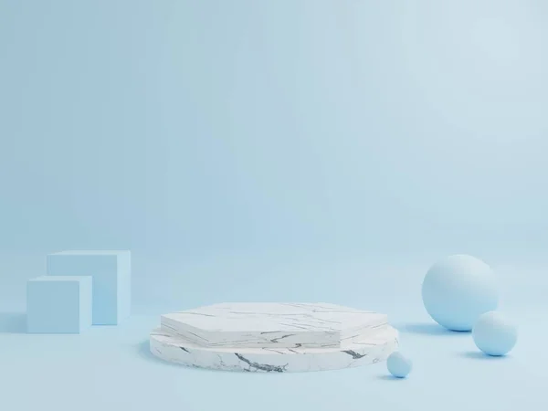 Ürünleri yerleştirmek için kullanılan mermer podyumun geometrik şekli mavi arkaplan, 3D görüntüleme