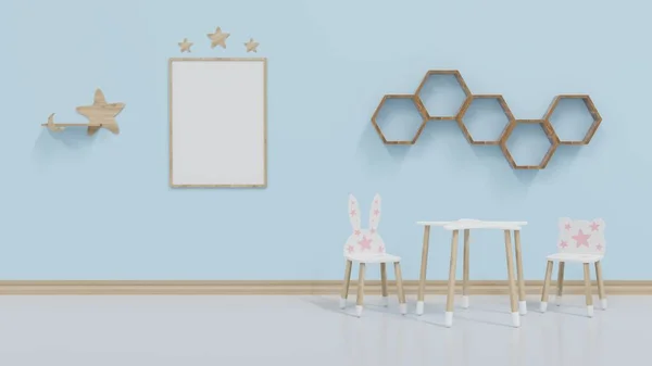 Resim çerçeveli çocuklar için model odası. Mavi duvarda ayı koltuğu ve tavşan koltuğu olan 1 kart.