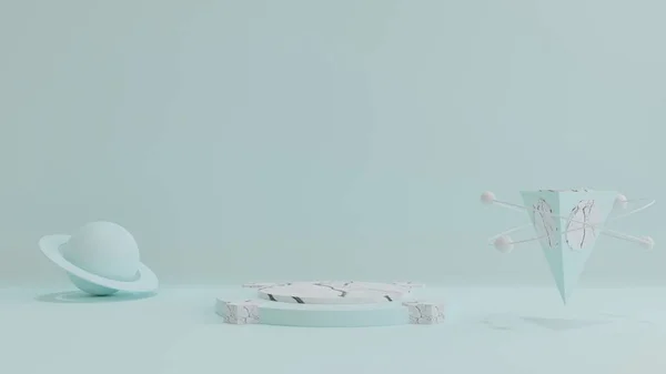 Satürn 'ün yanında güzel mavi arkaplanı olan mermer bir podyum.