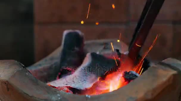 在准备的泰国传统食物的炉子的燃烧木炭。它是受欢迎的烹饪用提供的热能量高的炉子所有院和经济. — 图库视频影像