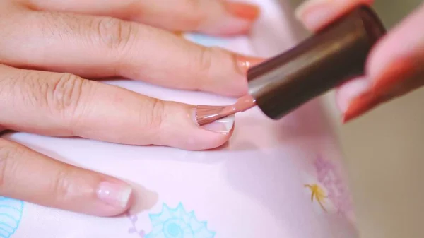 Closeup Woman Paints Her Nails Self Made Manicure Home — Stock Photo, Image