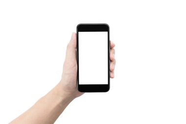 El, beyaz arkaplanda izole edilmiş boş bir akıllı telefon tutuyor..