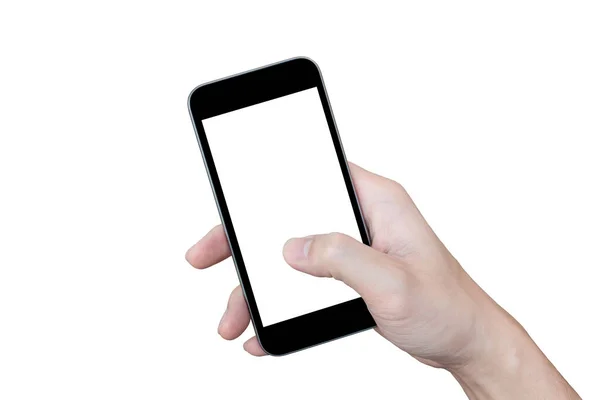 Ruka Drží Černý Smartphone Prázdnou Obrazovkou Izolované Bílém Pozadí — Stock fotografie