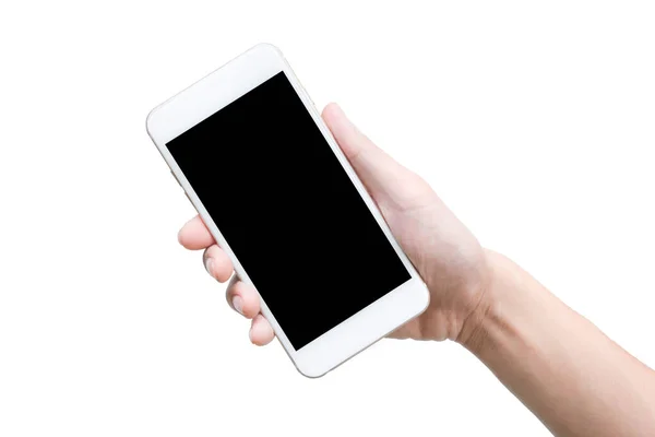Hand Innehav Smartphone Isolerad Vit Bakgrund — Stockfoto
