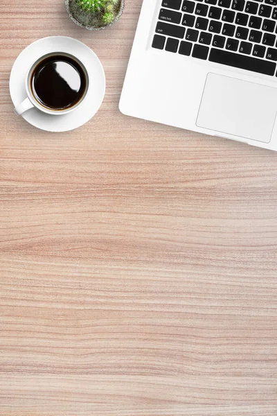 Wood Table Laptop Computer Cup Coffee Top View Copy Space — Stock Photo, Image