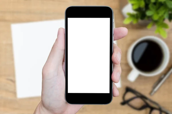 Mão Está Segurando Smartphone Com Tela Mockup Branco Sobre — Fotografia de Stock