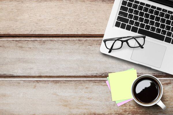 Wood office desk table top view