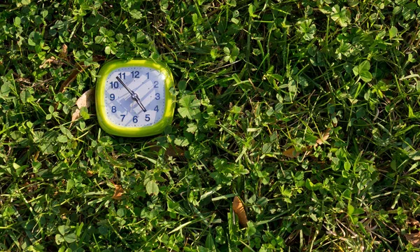 Reloj despertador en una textura de hierba — Foto de Stock