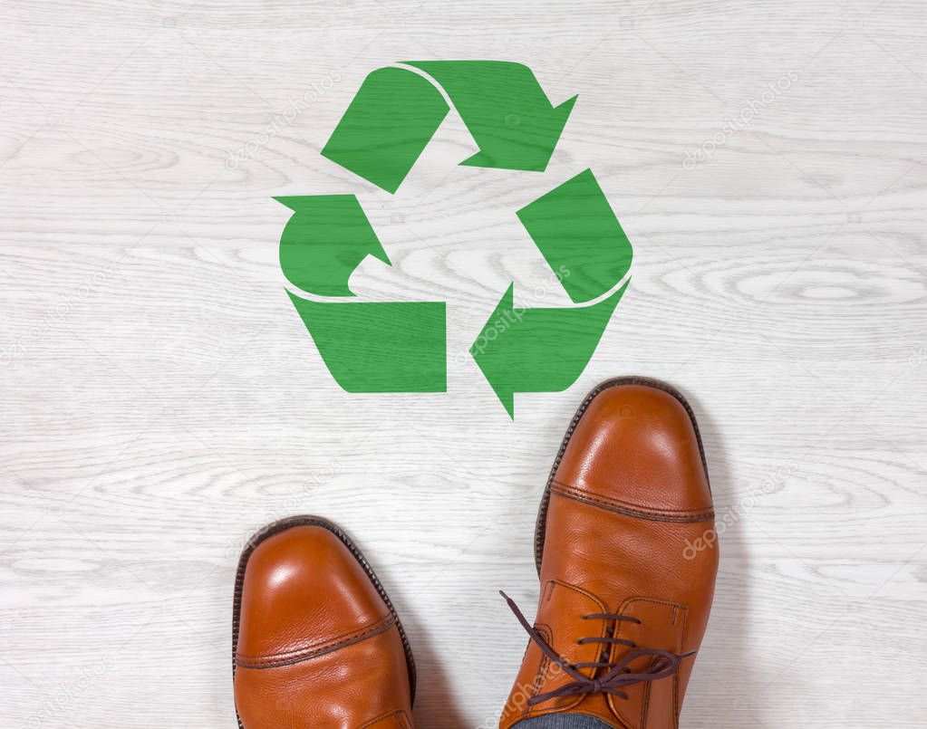 Classic Men's Shoes with a Recycling Symbol on the Floor — Stock Photo ...