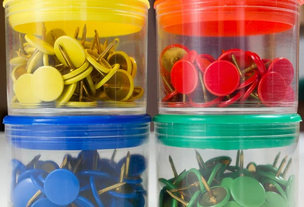 Four Colored Thumbtack Boxes — Stock Photo, Image