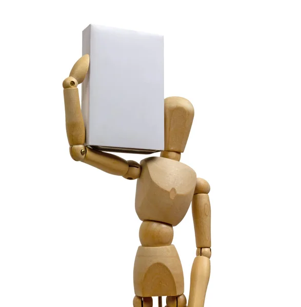 Isolated Wooden Human Mannequin Holding Big White Package White Background — Stock Photo, Image