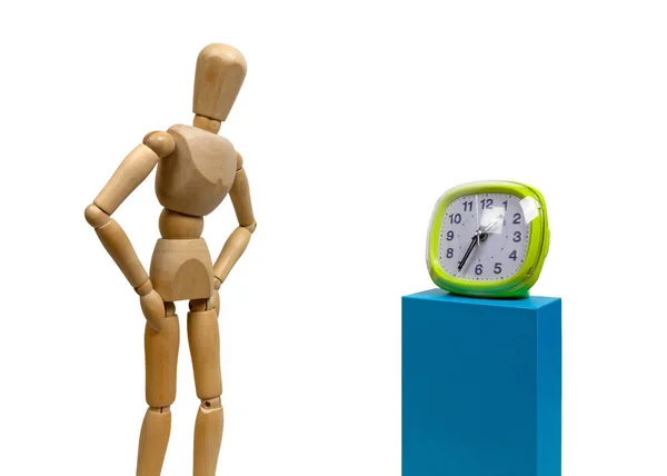 Isolated Wooden Human Mannequin White Background Watching Green Clock — Stock Photo, Image