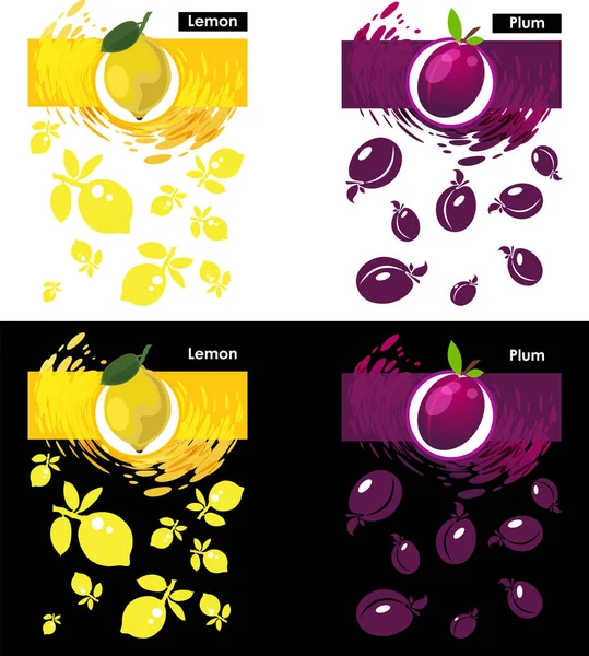Ställ in Mallikonen av frukt, citron och plommon — Stock vektor