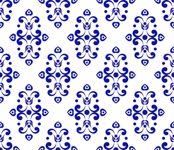 抽象花卉装饰背景锦缎风格 无缝蓝和白色皇家图案 巴洛克背景设计 矢量插图 — 图库矢量图片