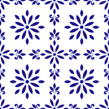seramik kiremit deseni, pürüzsüz porselen dekoru, şirin Çin bilinçli arka plan, dizayn zemini için mavi ve beyaz çiçek arkaplanı, duvar kağıdı, doku, kumaş, kağıt, çinko ve tavan, vektör ilüstrasyonu